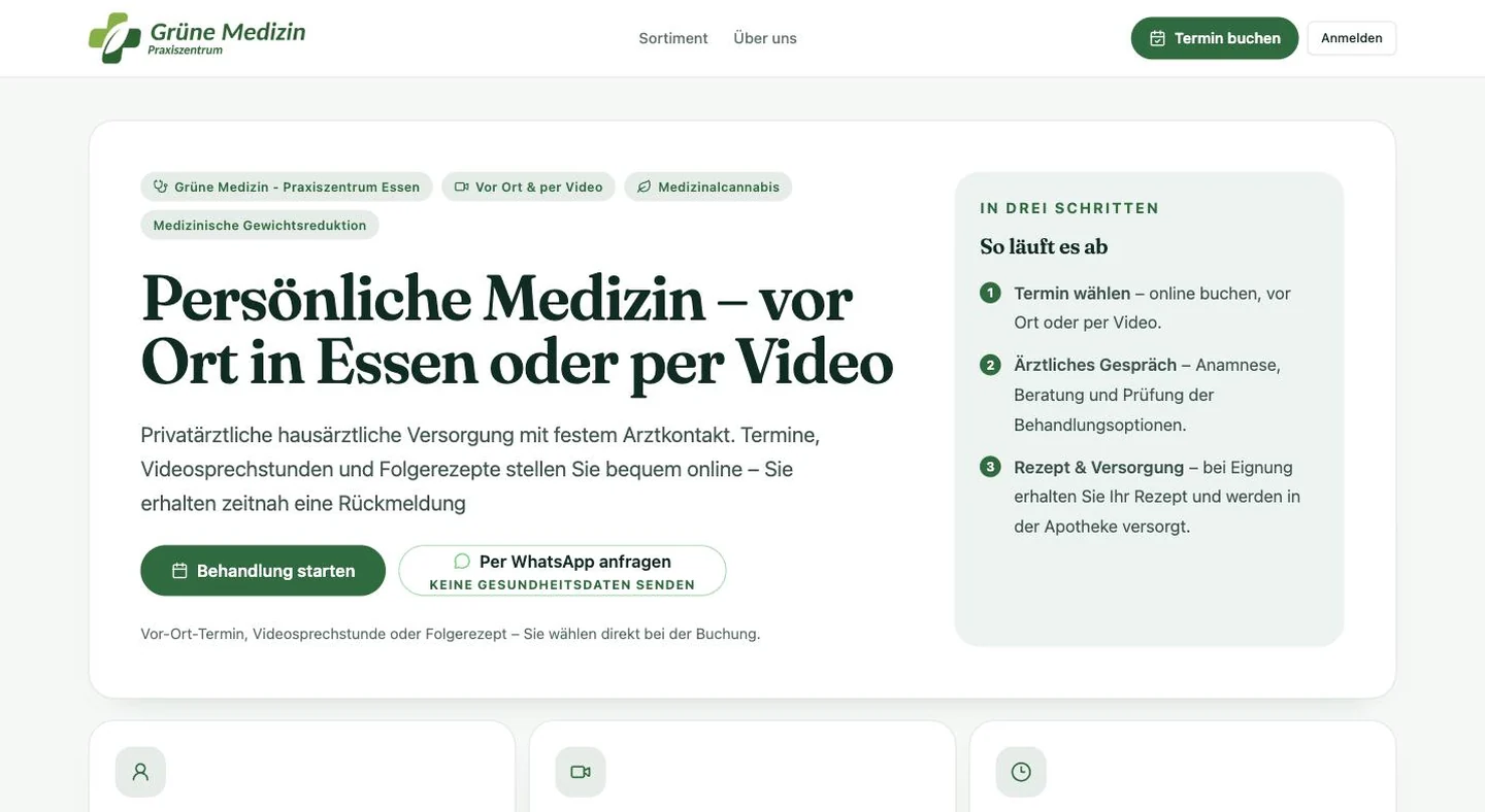 Live-Beispiel: Grüne Medizin, Essen — Praxis-Website auf Basis des cannaflow-Ärzteportals