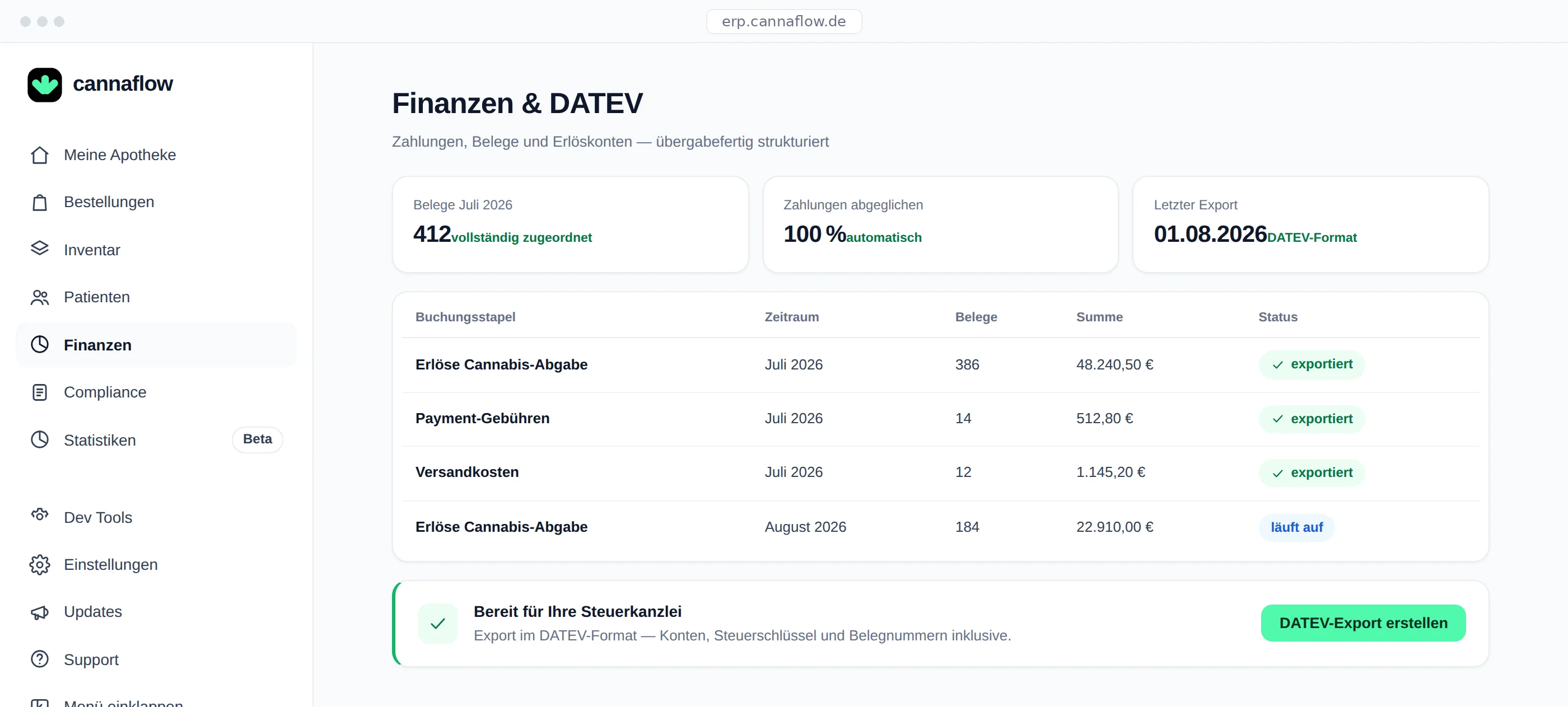 DATEV-Export der Umsätze und Belege in cannaflow