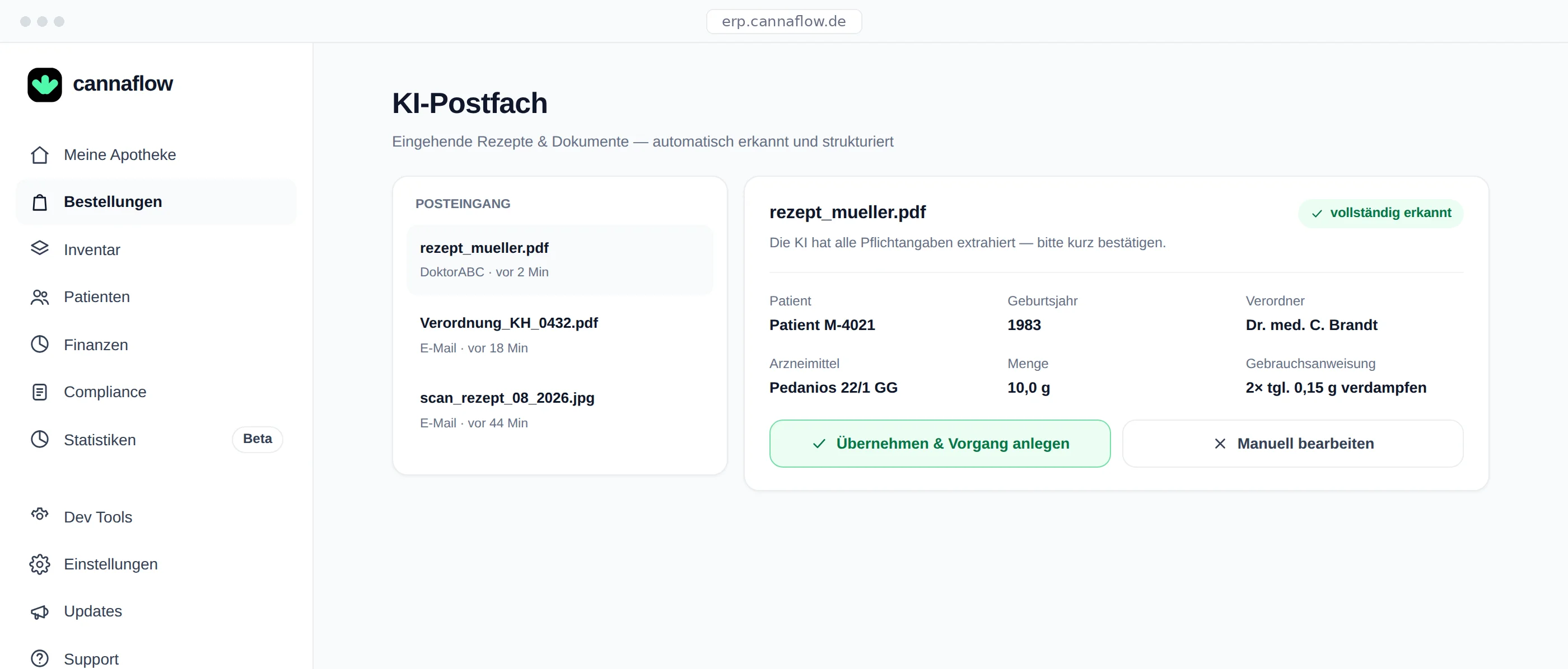 KI-Posteingang in cannaflow — Rezepte werden automatisch zugeordnet