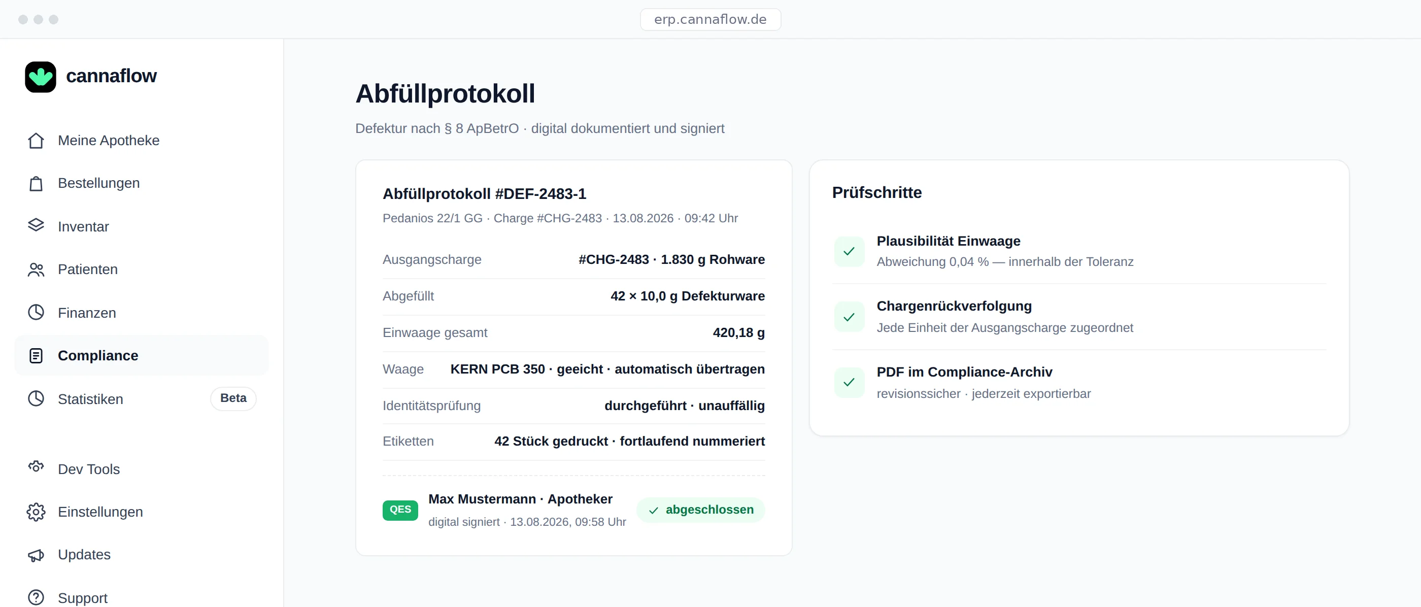 Digitales Abfüllprotokoll in cannaflow — signiert und dokumentiert