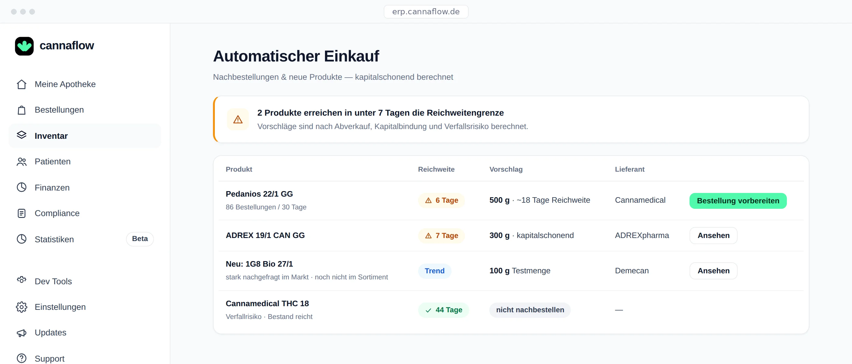 Nachbestellvorschläge mit Freigabelogik in cannaflow
