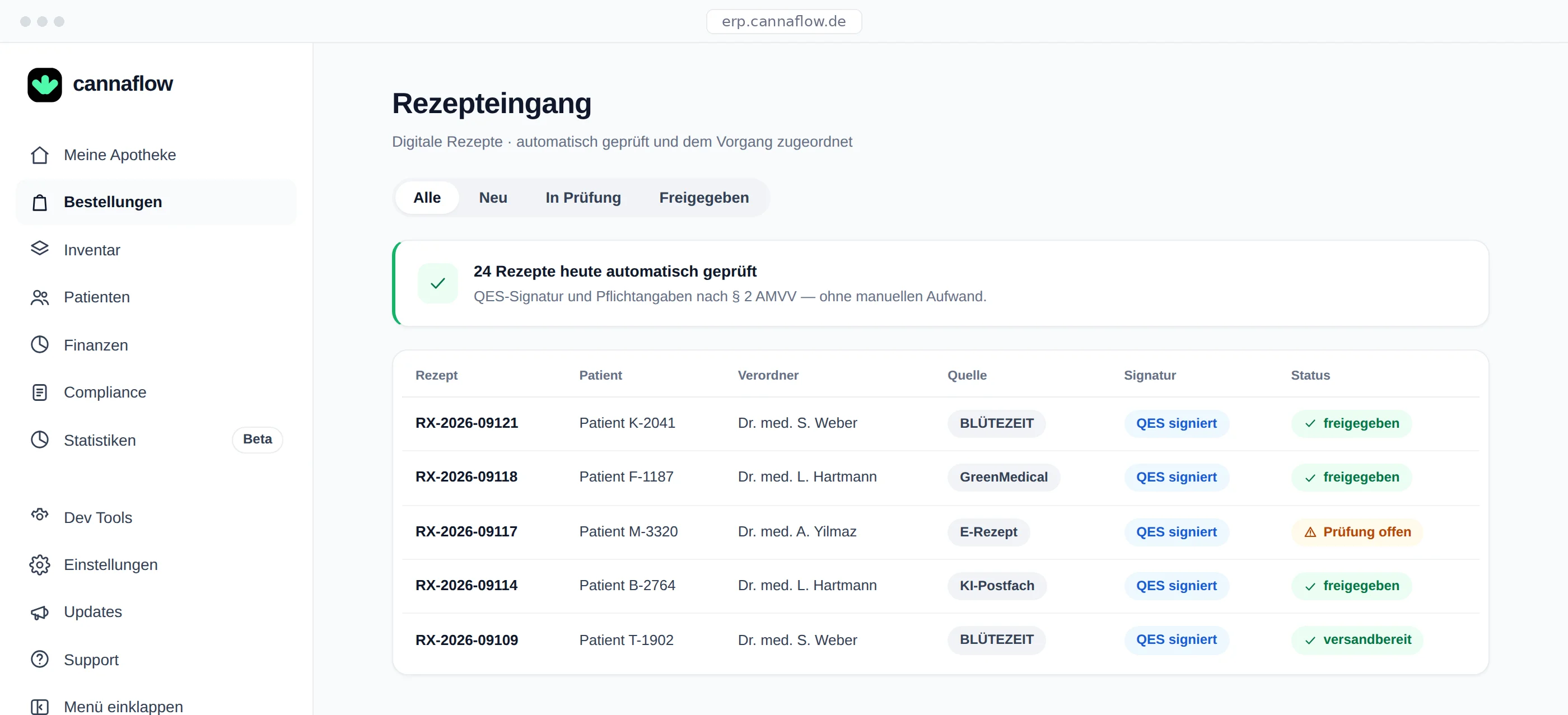 Digitaler Rezepteingang in cannaflow — signierte Rezepte aus API und KI-Postfach
