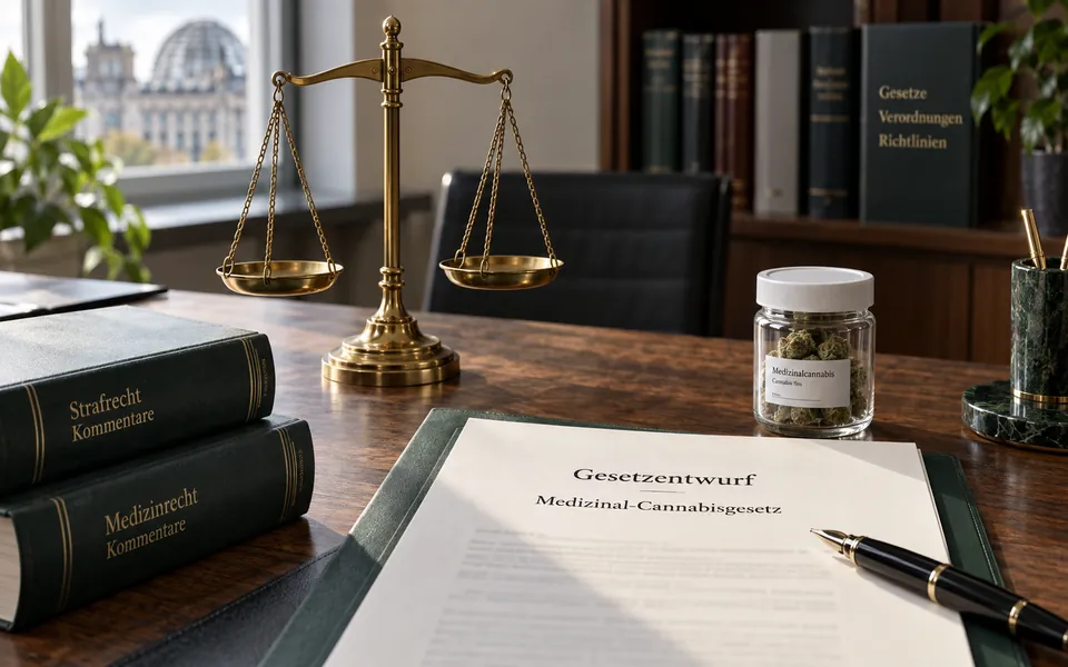 Gesetzentwurf Medizinal-Cannabisgesetz auf einem Schreibtisch mit Waage, Gesetzeskommentaren und Cannabisblüten