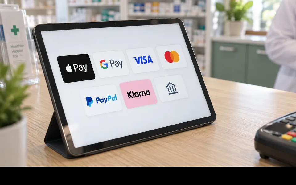 Zahlarten auf dem Tablet am Apothekentresen — cannaflow Payment-Service