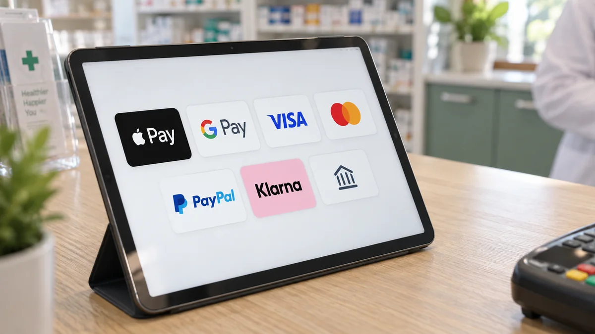 Tablet auf dem Apothekentresen mit den Zahlarten Apple Pay, Google Pay, Visa, Mastercard, PayPal, Klarna und Online-Überweisung — Payment-Service für Cannabis-Apotheken