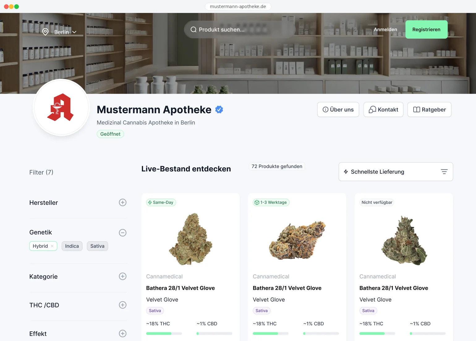 Beispiel: individueller Cannabis-Onlineshop einer Apotheke mit Live-Bestand, Same-Day-Delivery und Filtern