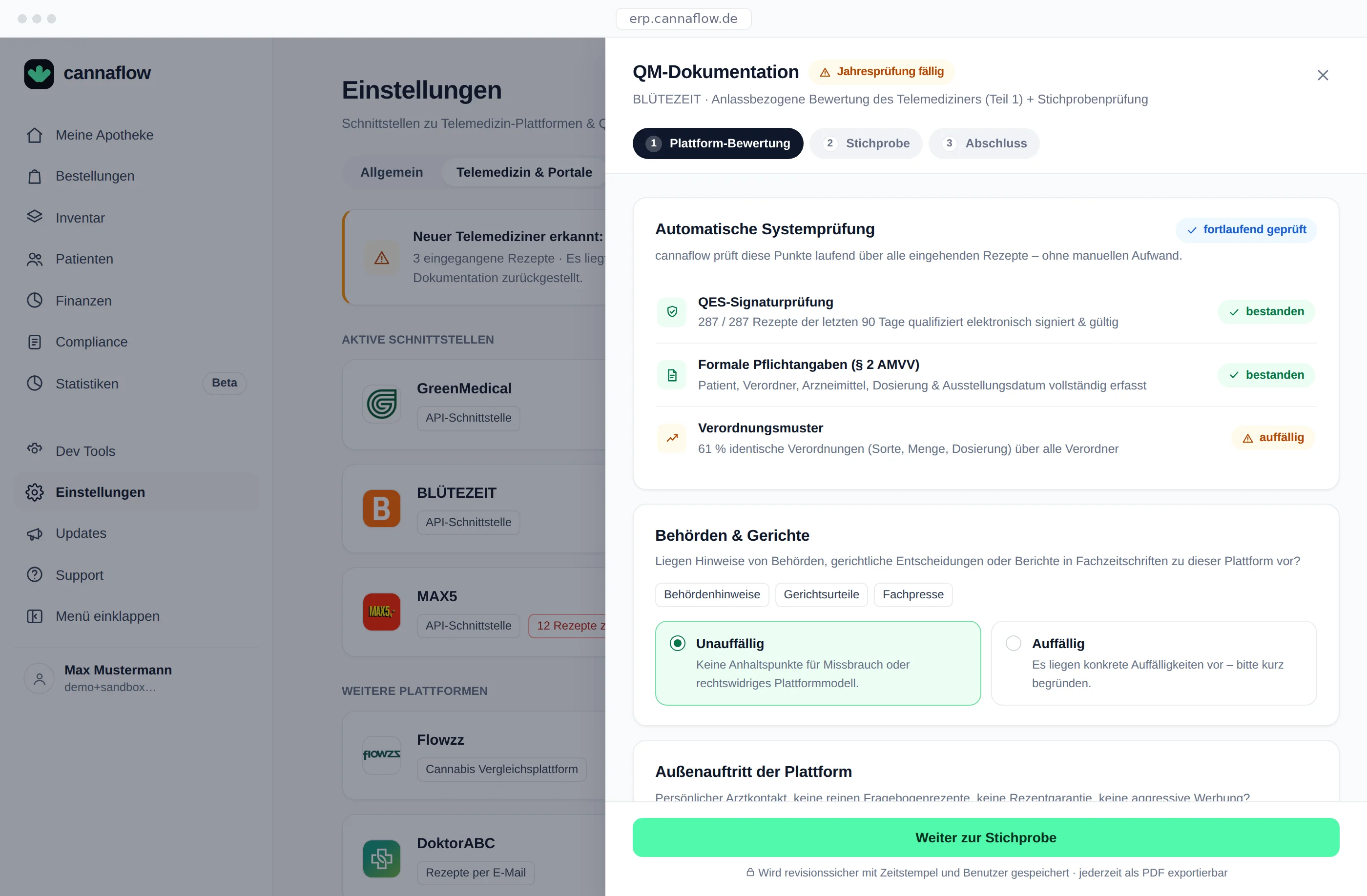 QM-Dokumentation für Telemedizin-Plattformen in cannaflow: Statusübersicht und geführte Prüfung